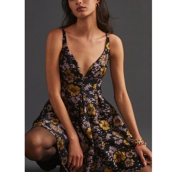 Anthropologie Jacquard A-Line Mini Dress Black - Size 8 - Picture 4 of 7